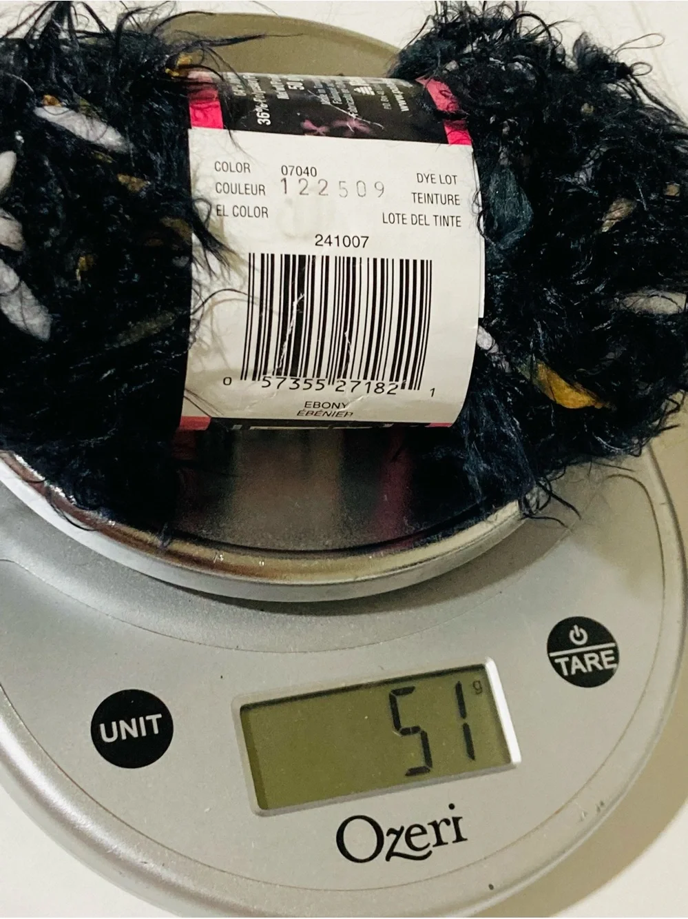74g Patons Carmen Eyelash Yarn - color: Ebony 64% Nylon 36% Polyester